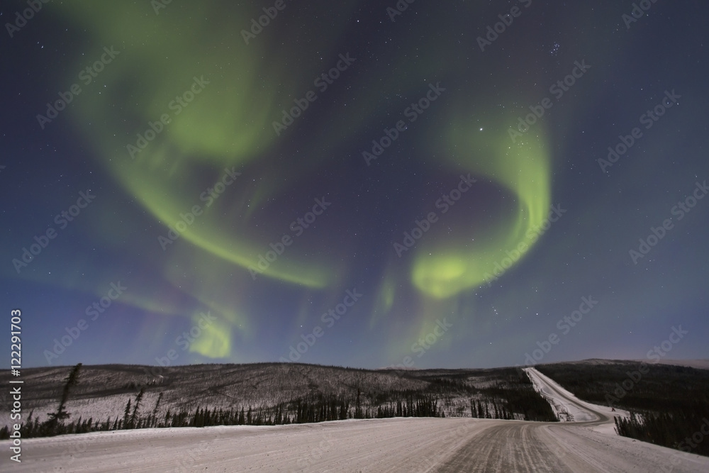 Northern Lights dancing over the James Dalton Highway north of Fairbanks, Interior Alaska, Winter Northern Lights dancing over the James Dalton Highway north of Fairbanks, Interior Alaska, Winter