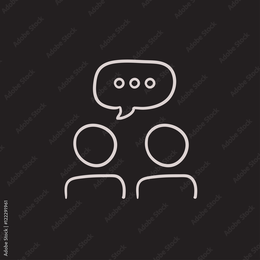 People with speech square above heads sketch icon. People with speech square above heads sketch icon.