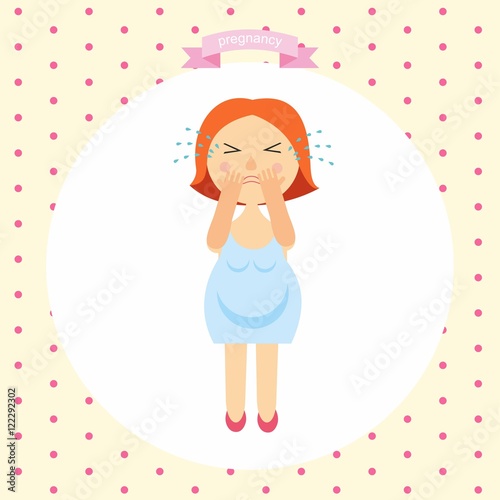Cartoon illustration of a pregnant woman is crying. series pregnancy. vector illustration signs of pregnancy symptoms - emotional instability