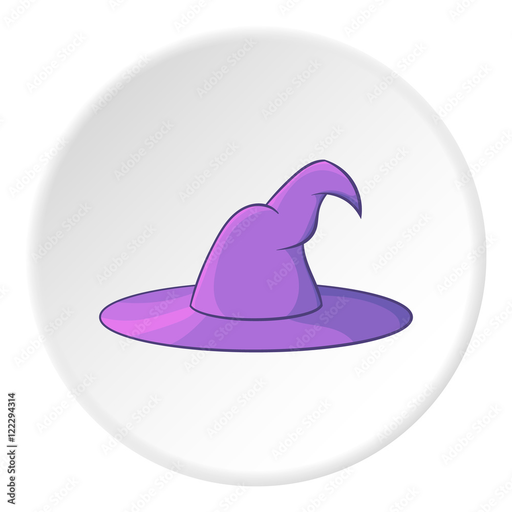 Witch hat icon in cartoon style on white circle background. Tricks symbol vector illustration Witch hat icon in cartoon style on white circle background. Tricks symbol vector illustration
