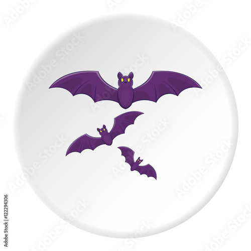 Bats icon in cartoon style on white circle background. Fly symbol vector illustration