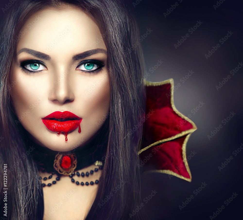 Halloween vampire woman portrait. Sexy vampire girl with dripping blood on  her mouth – Stock-Foto | Adobe Stock