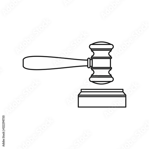 Wooden judge gavel and soundboard icon in outline style isolated on white background vector illustration