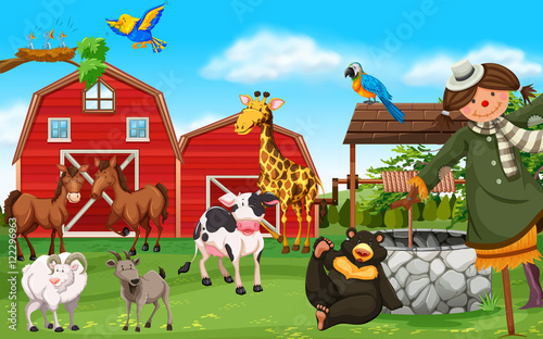 Wild animals and farm animals in farmyard