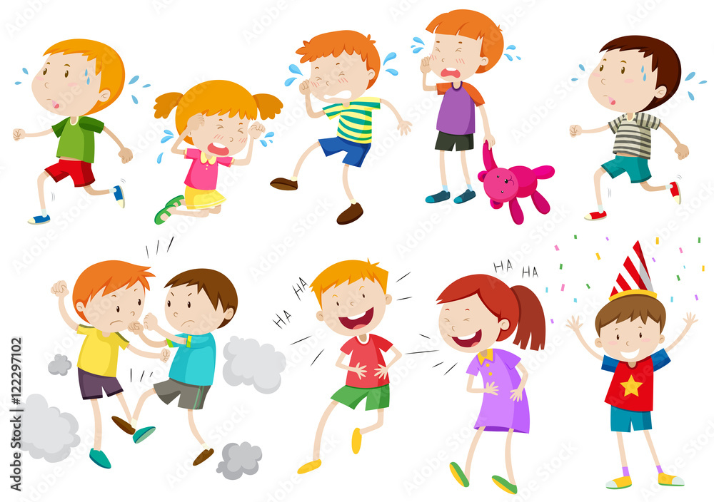 Set of children crying and fighting