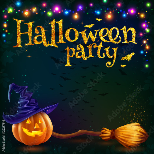 Halloween pumpkin and witch broom on dark background with colorful lamps garland, vector party flyer template