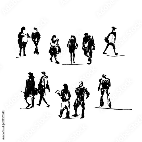 Sketch. Set of painted people. Ink brush.