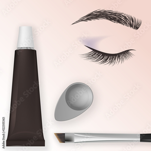 Eyebrows and eyelashes tint with Cosmetic dish for mixing and brush. Closed eye. Vector illustration