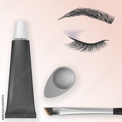 Eyebrows and eyelashes tint with Cosmetic dish for mixing and brush. Closed eye. Vector illustration