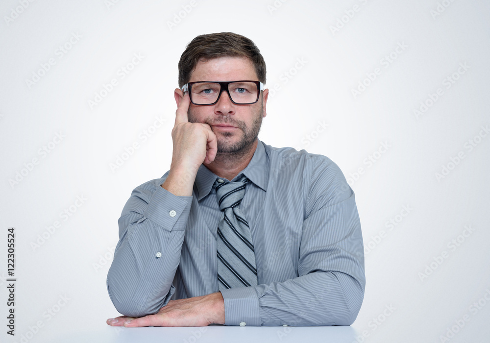 Thinking bearded man with glasses and tie. I think, concept Thinking bearded man with glasses and tie. I think, concept