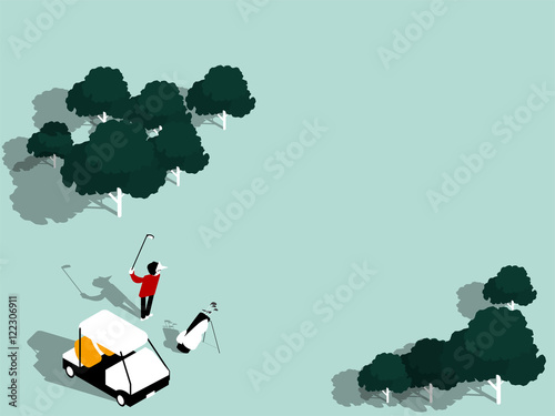 beautiful isometric design of golfers are playing in golf course with copy space, graphic design of golf course background