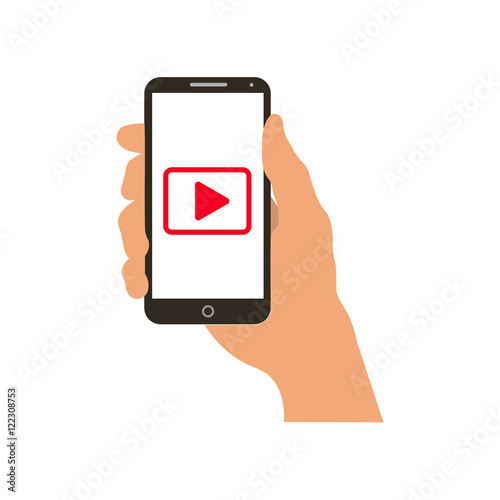 Hand holding smartphone on screen red play button icon vector