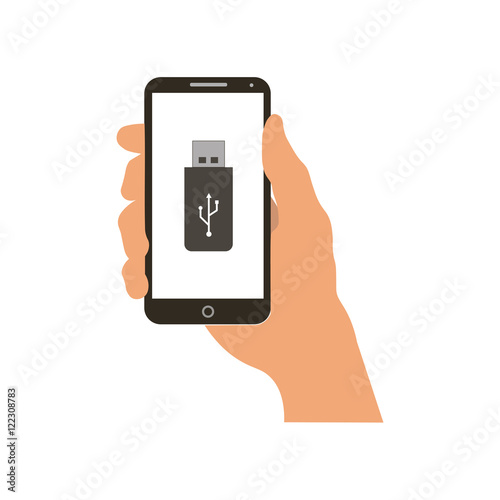 Hand holding smartphone on screen USB icon vector