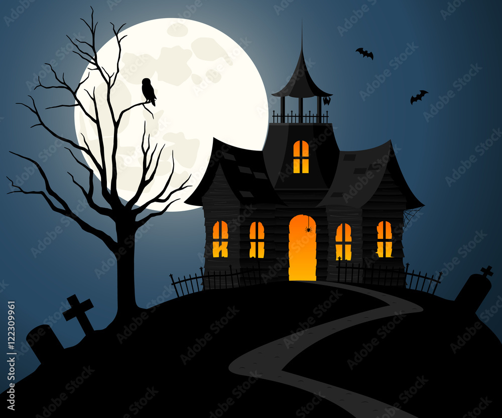 Vector illustration of a spooky house on a dark hill against a nighttime sky background.