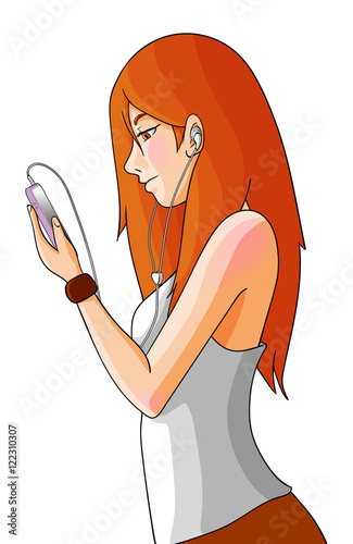 vector illustration of cute girl looking at a smartphone, which hold on left hand and using handsfree set listen to musics