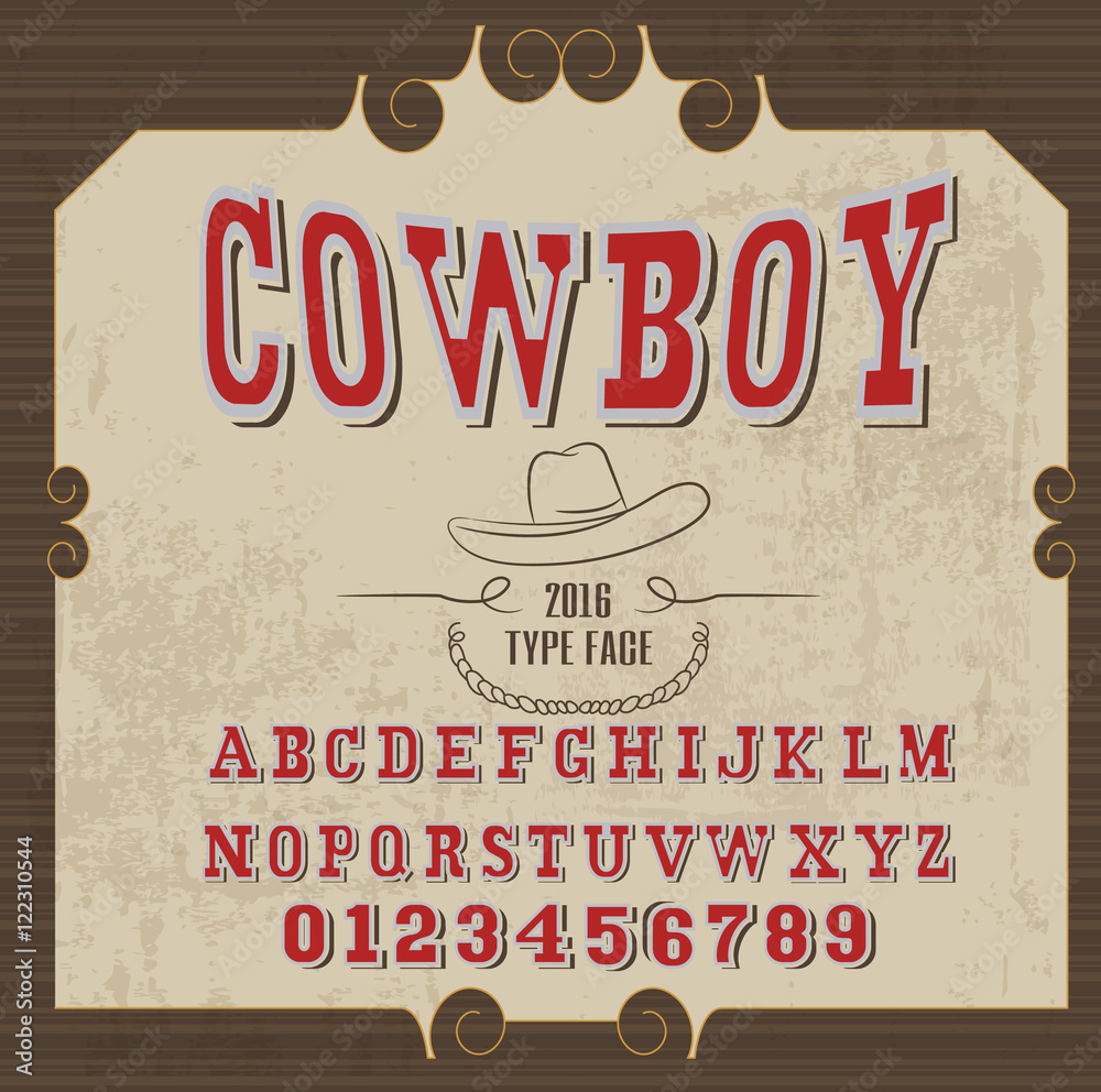 Naklejka alfabet retro w stylu zachodnim, styl kowbojski, czcionka wektorowa dla etykiet i plakatów