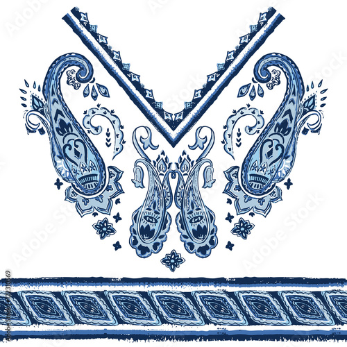 Tribal watercolor paisley decoration for clothes, embroidery, ethnic pattern