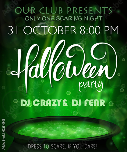vector halloween party invitation poster with hand lettering label - halloween - with boiling witch cauldron on background