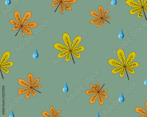 Autumn seamless pattern: yellow and brown dried chestnut leaves and rain drops on a grey background. Vector illustration. Suitable for background, fabric, home textile or wallpaper 