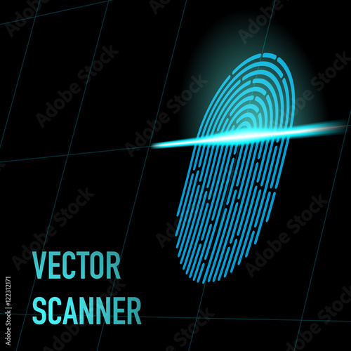 Vector illustration. Fingerprint scanner, blue color, 3d perspective with mesh. Hacker, security, data concept.