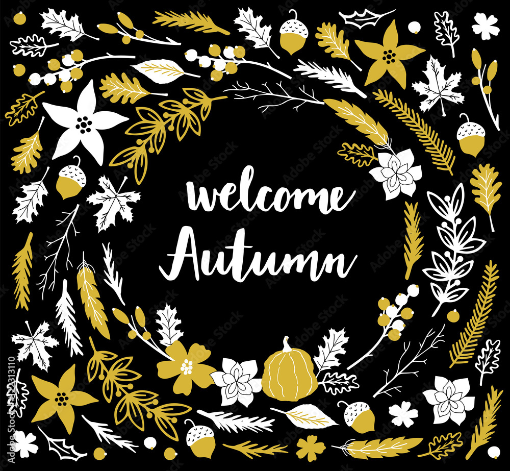 Obraz premium Autumn background with fall leaves and text.