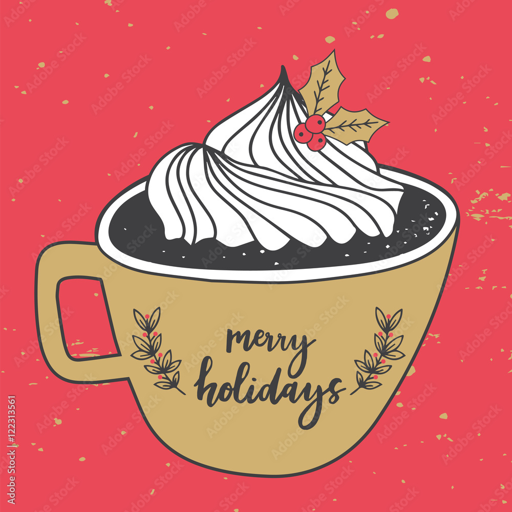 Christmas Greeting Card with cup of cocoa. Merry Christmas lettering ...