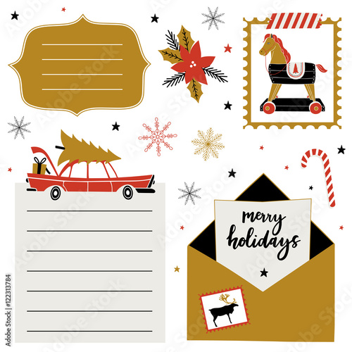 Christmas Set with Cards, Notes, Stickers, Labels, Stamps, Tags with winter and christmas Illustrations and Wishes.