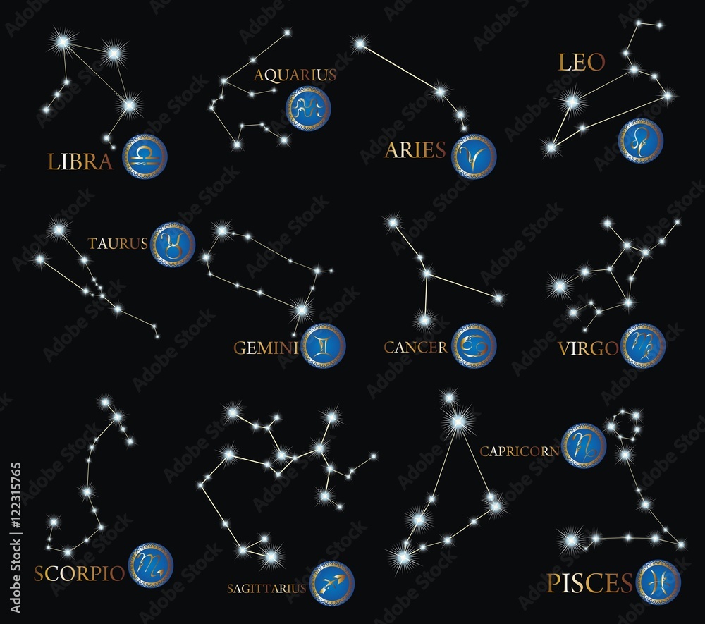 Zodiac Design. Horoscope set: Leo, Virgo, Scorpio, Libra, Aquarius, Sagitarius, Pisces, Capricorn, Taurus, Aries, Gemini, Cancer. Vector illustration Zodiac Design. Horoscope set: Leo, Virgo, Scorpio, Libra, Aquarius, Sagitarius, Pisces, Capricorn, Taurus, Aries, Gemini, Cancer. Vector illustration