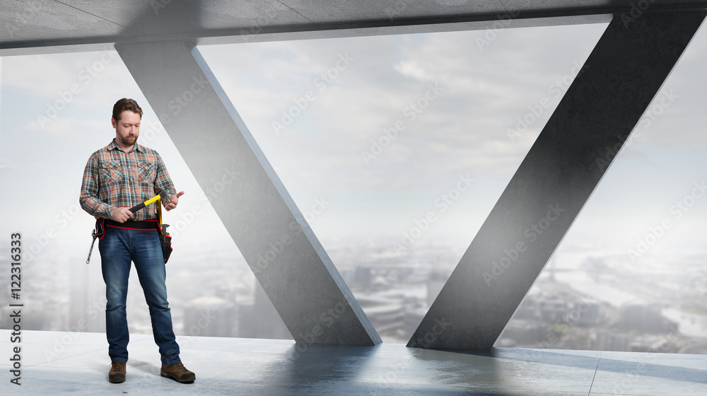 Fototapeta premium Adult engineer man . Mixed media