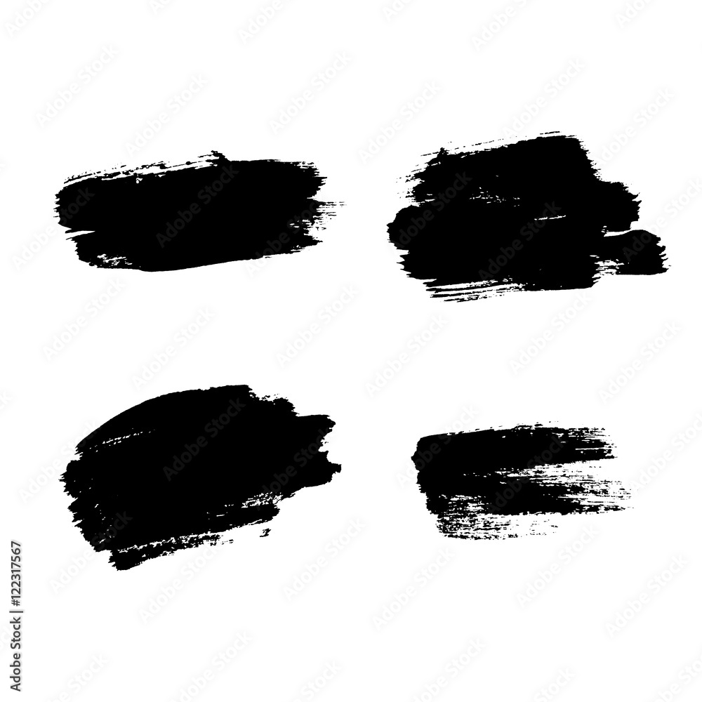 Grunge background brushes stroke set isolated black on white. Abstract sketch to create border. Paint design template. Smear texture for banner. Dirty effect. Print copy space. Vector illustration