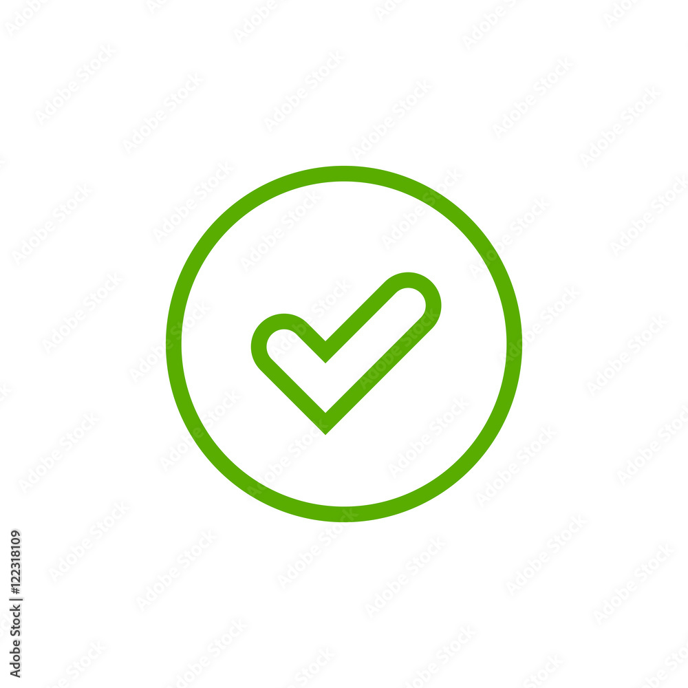 Tick sign element. Green checkmark icon isolated on white background. Simple mark graphic design. Circle OK button for vote, decision, web. Symbol of correct, check, approved Vector illustration Tick sign element. Green checkmark icon isolated on white background. Simple mark graphic design. Circle OK button for vote, decision, web. Symbol of correct, check, approved Vector illustration