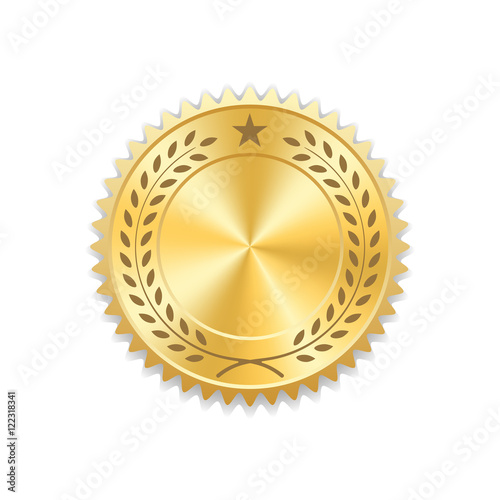 Seal award gold icon. Blank medal with laurel wreath, isolated on white background. Golden design emblem. Symbol of assurance, winner, guarantee and best label, premium, quality. Vector illustration