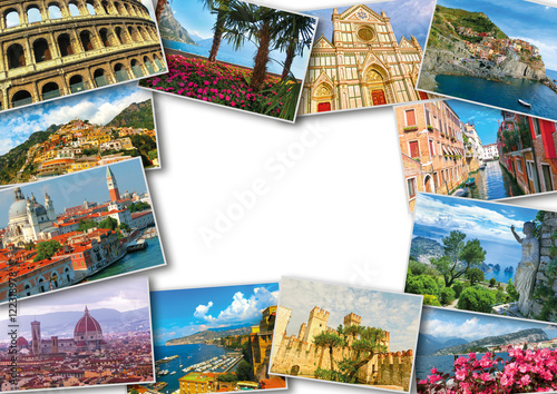 Canvas Print Collage from photos of Italy on white wooden background