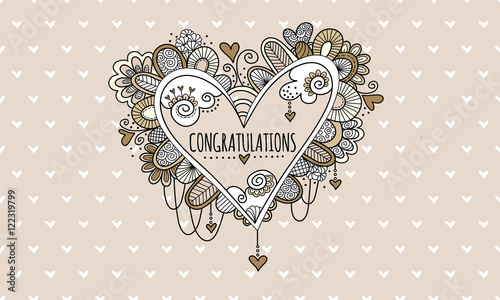 Congratulations Heart Hand Drawn Doodle Vector
Heart doodle illustration with the word congratulations in the centre of a heart and surrounded by hearts, swirls, beads and abstract shapes.