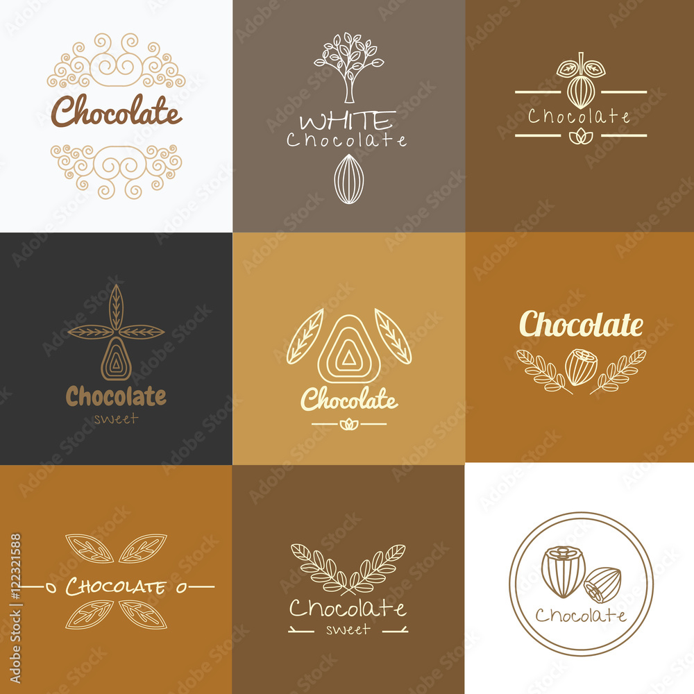 Vector logo design concepts and templates in trendy linear style for chocolate packaging