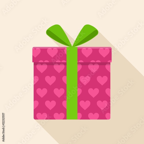 Pink gift or present box icon with green ribbon and bow vector isolated on background. Icon gift box for Christmas or birthday party, valentine day in flat style.