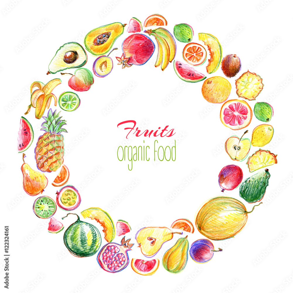 Round frame with hand drawn bright stylish fruits Round frame with hand drawn bright stylish fruits