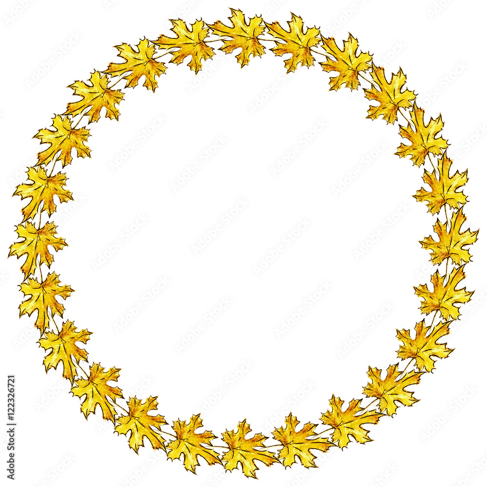 Hand drawn watercolor maple leaves arranged in round frame. Autumn wreath. Copy space. Raster illustration. Hand drawn watercolor maple leaves arranged in round frame. Autumn wreath. Copy space. Raster illustration.