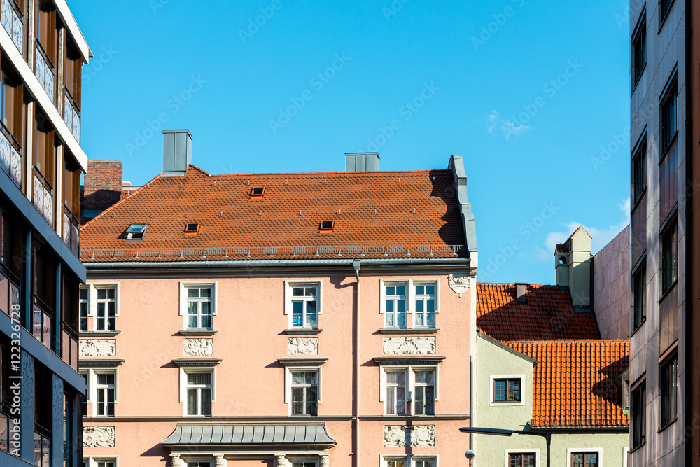 Fototapeta premium Traditional street view of old buildings in Munich, Bavaria, Ger