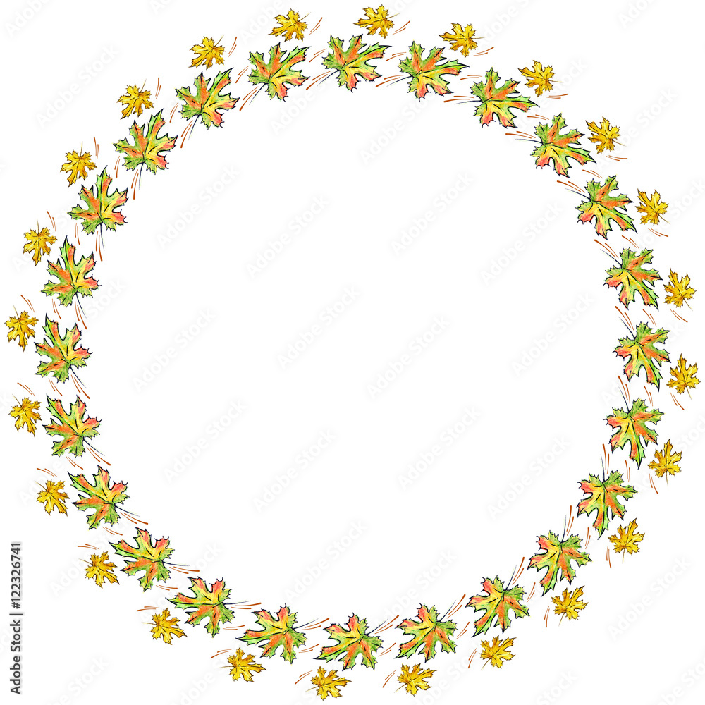 Hand drawn watercolor maple leaves arranged in round frame. Autumn wreath. Copy space. Raster illustration. Hand drawn watercolor maple leaves arranged in round frame. Autumn wreath. Copy space. Raster illustration.