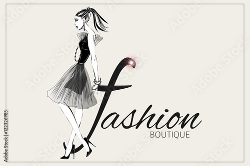 Black and white fashion woman / model with boutique logo background. Vector illustration