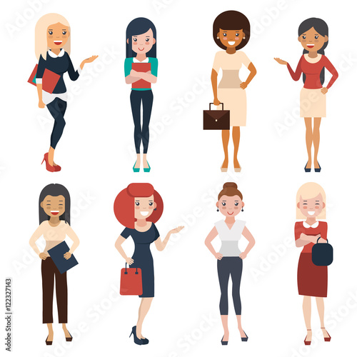 Women in office clothes. Beautiful women in bussiness clothes. Women in flat style. Vector illustration.