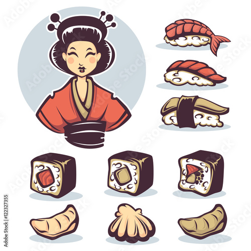 vector image of Japanese girl with traditional food, cartoon col