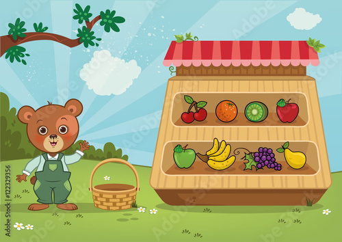 Bear greengrocer character showing his products.(Vector-Cartoon-Illustration)