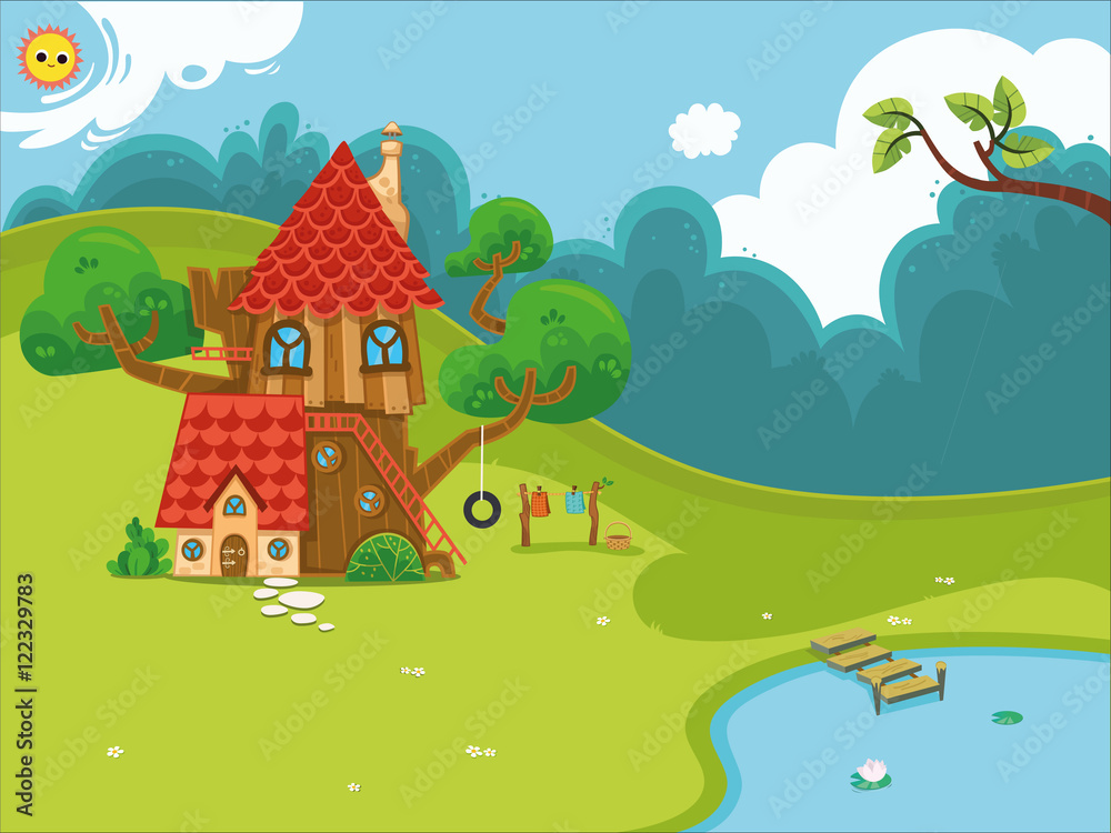 Naklejka Cartoon house in the forest. (Vector illustration)