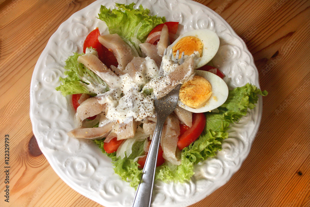 Bunter Salat mit Matjeshering und Ei Stock Photo | Adobe Stock
