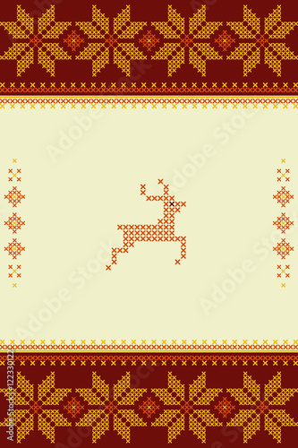 Vector Christmas greeting card with cross stitched deer and traditional ornaments. Hand made style Xmas illustration with embriodery