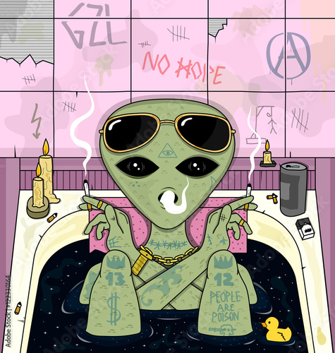 alien smoke and chill in bath. psychedelic vector illustration