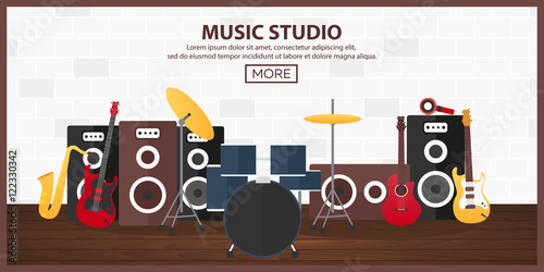 Poster with musical instruments. Music studio. Guitar. Flat design.