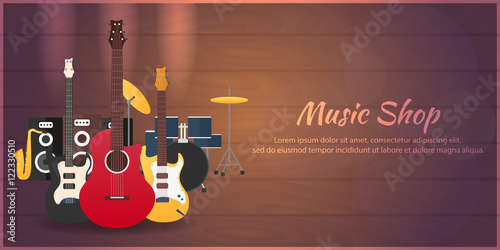 Poster with musical instruments. Music shop. Guitar. Flat design.